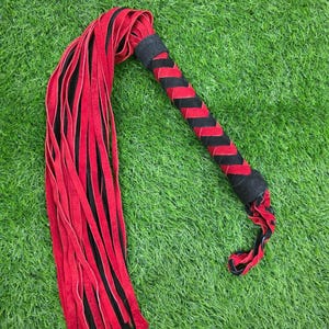 Handmade Leather Flogger Braided Handle Black Red Tassel Whip Soft Leather Straps