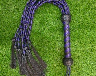 Handmade Leather Flogger Braided Handle,  Multi Tail Flogger whip , Black Purple