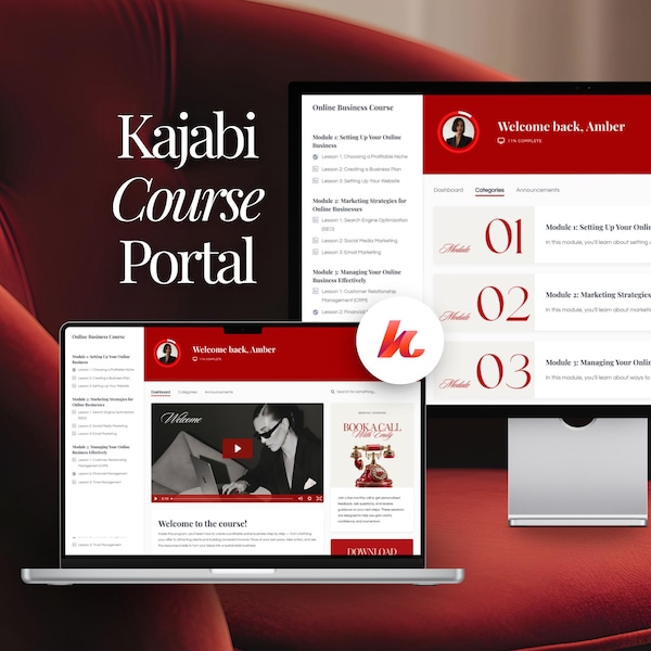 Kajabi Course Template for Course Creators, Business and Life Coaches, Red Elegant Luxe Design, Includes Canva Thumbnails