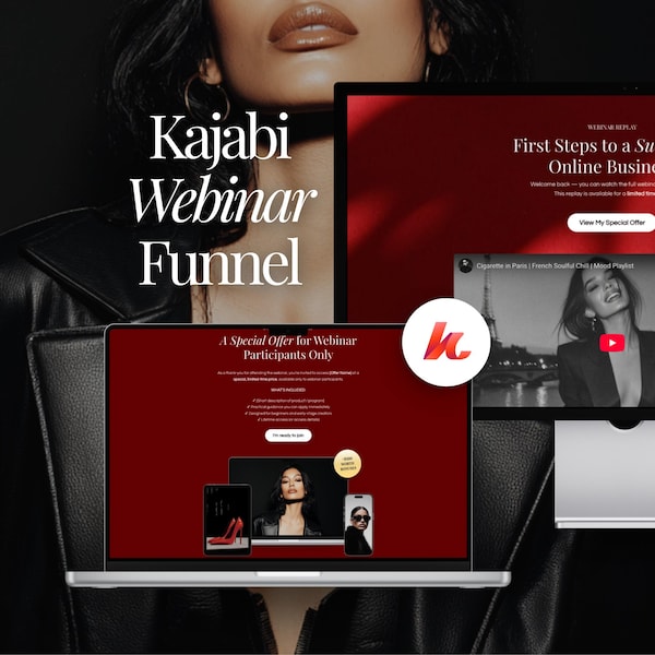 Kajabi Webinar Funnel Kit Template for Online Coach & Course Creators Opt-in Lead Magnet Masterclass Page Luxe Red Elegant Design