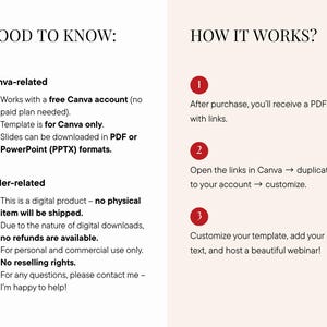 May include: A digital product information sheet with the headings "GOOD TO KNOW" and "HOW IT WORKS?". The sheet details Canva-related information, order details, and a three-step guide to using the product, including customizing a template.