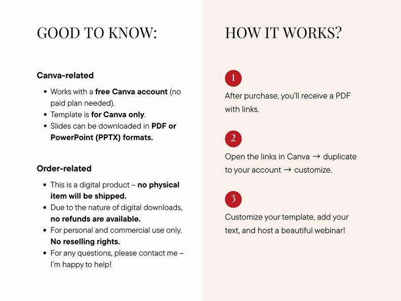 May include: A digital product information sheet with the headings "GOOD TO KNOW" and "HOW IT WORKS?". The sheet details Canva-related information, order details, and a three-step guide to using the product, including customizing a template.