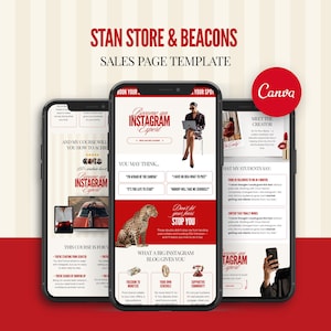 Könnte beinhalten: Drei Smartphones, die eine Vorlage für eine Instagram-Verkaufsseite anzeigen. Die Vorlage hat ein rot-weißes Farbschema mit dem Text "Become an Instagram Expert". Das Canva-Logo ist oben rechts sichtbar.