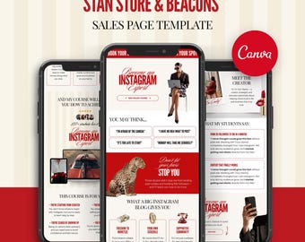 Stan Store Beacons Sales Page Canva Template for Coaches & Course Creators Link in Bio Mobile Faceless Funnel Landing Page Red Bold Design