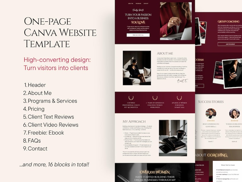 Coach Website Canva Template, Coaching Landing Page, One Page Feminine Website Luxury Design for Life, Business Coaches, Influencers