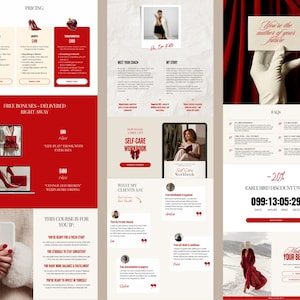 May include: A website layout with a red and beige color scheme. The design includes pricing options, bonus offers, client testimonials, and a countdown timer. The text "You're the author of your future" is displayed on a card.