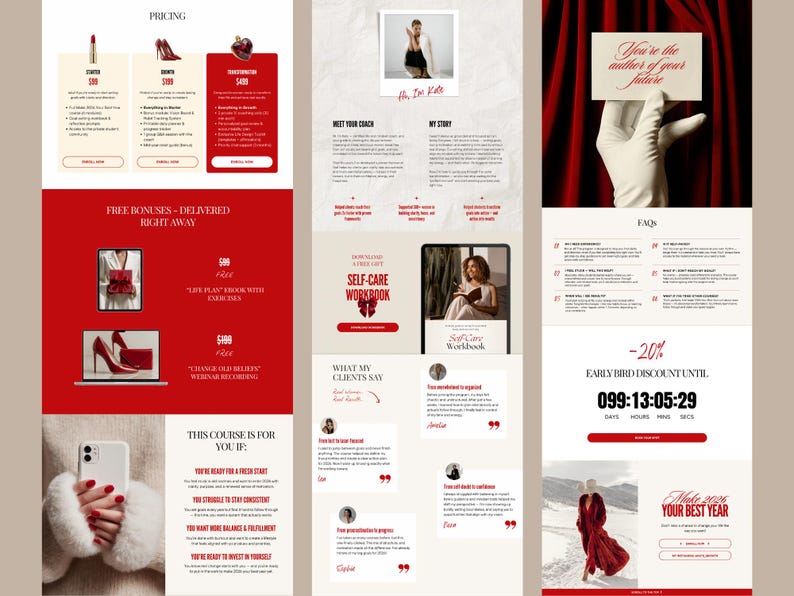 May include: A website layout with a red and beige color scheme. The design includes pricing options, bonus offers, client testimonials, and a countdown timer. The text "You're the author of your future" is displayed on a card.
