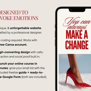 May include: A smartphone displays text that reads "You can always MAKE A CHANGE" above an image of a red high heel shoe. The phone is next to text that says "DESIGNED TO EVOKE EMOTIONS".