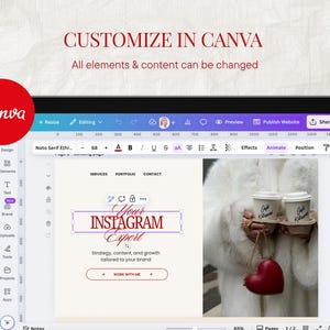 May include: A tablet screen shows a Canva design interface with the text "CUSTOMIZE IN CANVA" and "Your INSTAGRAM Expert." The design includes a red heart and coffee cups. The Canva logo is visible.