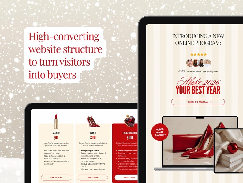 May include: Digital marketing image showcasing a new online program. The image features a laptop and tablet displaying program details, including pricing and bonuses. Text reads "Make 2026 Your Best Year."