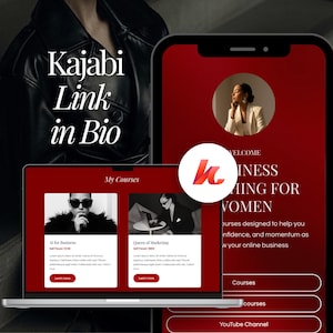Puede incluir: Se muestra un portátil, un smartphone y una persona con una chaqueta de cuero. Las pantallas del portátil y del smartphone muestran una interfaz roja y blanca con el texto "Kajabi Link in Bio". El smartphone muestra "BUSINESS COACHING FOR WOMEN."