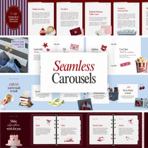 May include: A digital marketing guide titled Seamless Carousels featuring a 5-step course launch framework, content creation strategies, and scaling tips. The layout includes instructional text, notebook pages, and decorative icons like cherries, stars, and cakes.
