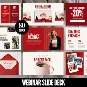 Plantilla de presentación de Canva Slide Deck para seminarios web y clases magistrales. Creación de cursos en línea para coaches. Coaching. PPT. PowerPoint. Diseño rojo.