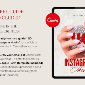 May include: Digital marketing guide titled "110 Instagram Hooks" with a disco ball graphic. The image includes text that says "Free Guide Included" and "Link in the Description". The Canva logo is visible.