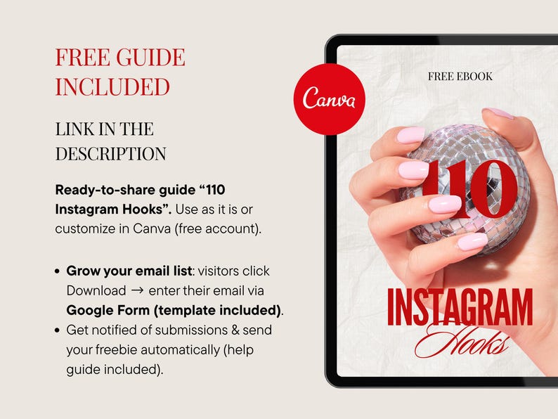May include: Digital marketing guide titled "110 Instagram Hooks" with a disco ball graphic. The image includes text that says "Free Guide Included" and "Link in the Description". The Canva logo is visible.