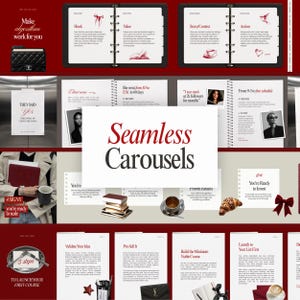 Könnte beinhalten: Ein digitaler Marketing-Leitfaden mit dem Titel Seamless Carousels, der mehrere Folien mit Text, Diagrammen und Illustrationen von Büchern, Kaffeetassen und Schleifen auf dunkelrotem Hintergrund zeigt und strategische Ratschläge für Unternehmen bietet.