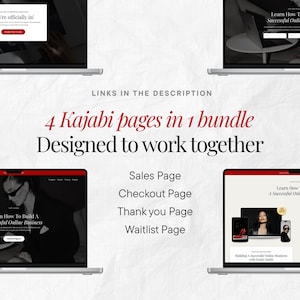 May include: Four laptop screens displaying Kajabi pages, designed to work together. The text on the screens includes "You're officially in!" and "Learn How To Build A Successful Online Business." The bundle includes Sales, Checkout, Thank You, and Waitlist pages.