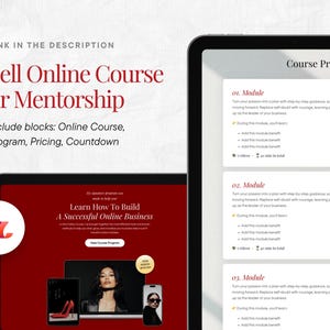 May include: Two tablets display information about selling online courses and mentorships. One tablet shows a course program outline, while the other displays a website interface with the text "Learn How To Build A Successful Online Business."