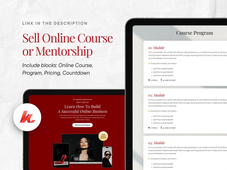 May include: Two tablets display information about selling online courses and mentorships. One tablet shows a course program outline, while the other displays a website interface with the text "Learn How To Build A Successful Online Business."
