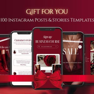 May include: A promotional image featuring five smartphones displaying Instagram templates. The screens showcase various designs with a red and white color scheme, including text that reads "GIFT FOR YOU" and "100 INSTAGRAM POSTS & STORIES TEMPLATES."