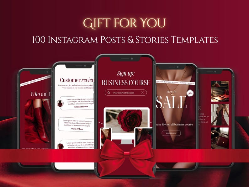 May include: A promotional image featuring five smartphones displaying Instagram templates. The screens showcase various designs with a red and white color scheme, including text that reads "GIFT FOR YOU" and "100 INSTAGRAM POSTS & STORIES TEMPLATES."