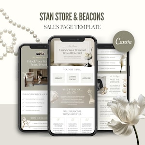 May include: A sales page template displayed on three smartphones. The template promotes personal brand potential and includes text and design elements such as seashells, a chess piece, and a flower. The Canva logo is visible.
