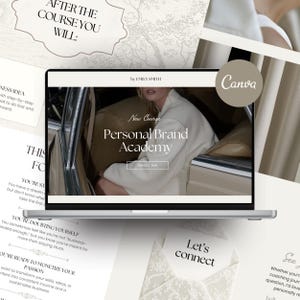 May include: A laptop screen showing a website for a "Personal Brand Academy" course, with the text "New Course" and "Enroll Now." The image is surrounded by printed materials with text like "Let's connect" and "After the course you will:"