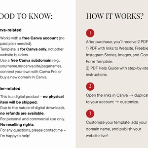 May include: A beige graphic with the text "GOOD TO KNOW" and "HOW IT WORKS?" on a white background. The text describes Canva-related information and how to use the product. The image is a digital product.