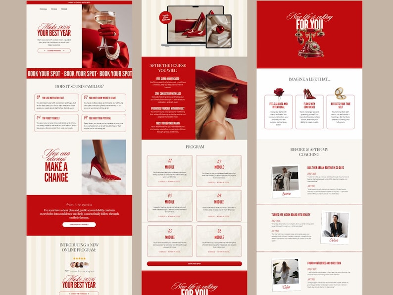 May include: A promotional graphic with a red and cream color scheme. The text "Make 2026 Your Best Year" is displayed. Images include red high heels, a woman in a red hat, and a vintage red telephone. The phrase "New life is calling for you" is also present.