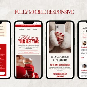 May include: Four smartphones displaying a website with a red and white color scheme. The website promotes a coaching program with the text "Make 2026 Your Best Year." The image also includes the text "Fully Mobile Responsive."