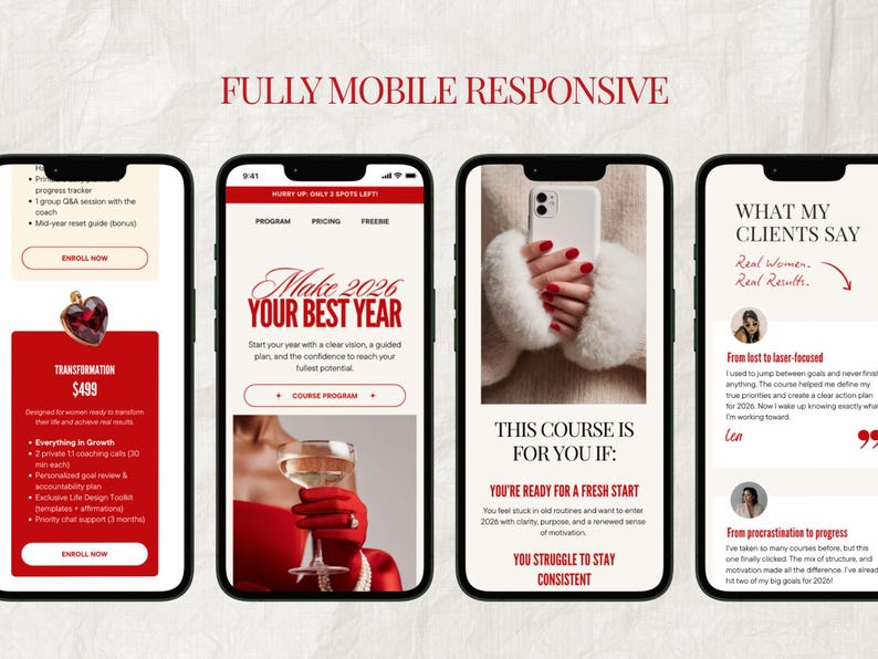 May include: Four smartphones displaying a website with a red and white color scheme. The website promotes a coaching program with the text "Make 2026 Your Best Year." The image also includes the text "Fully Mobile Responsive."