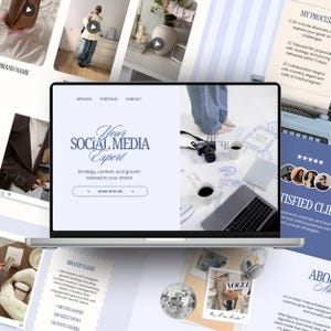 May include: A laptop displays a website with the text "Your Social Media Expert." The image includes a camera, coffee cups, and a disco ball. Additional pages showcase brand information and a "Vogue" magazine.
