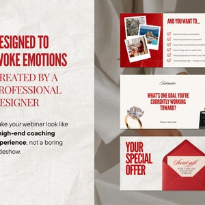 May include: A promotional image with text that reads "DESIGNED TO EVOKE EMOTIONS" and "CREATED BY A PROFESSIONAL DESIGNER." The image includes slides with text and graphics, including a ring, a purse, and an envelope with the words "YOUR SPECIAL OFFER."