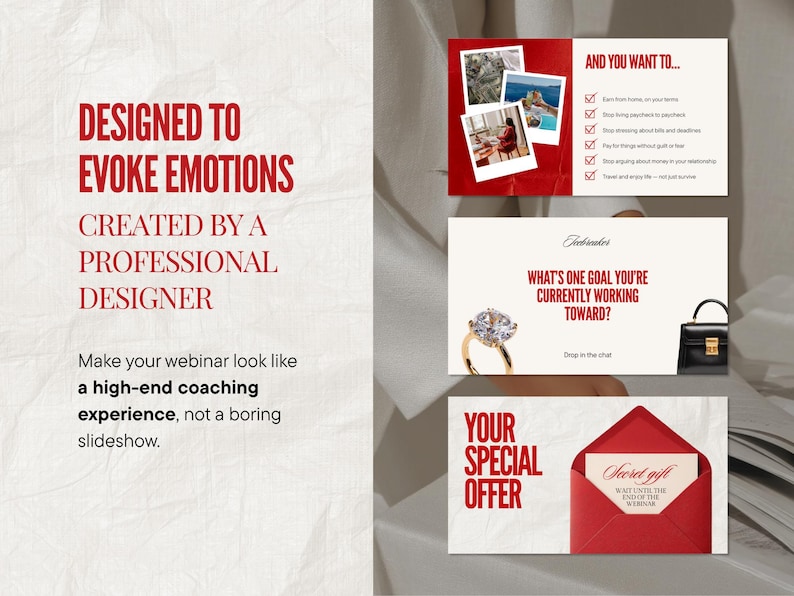 May include: A promotional image with text that reads "DESIGNED TO EVOKE EMOTIONS" and "CREATED BY A PROFESSIONAL DESIGNER." The image includes slides with text and graphics, including a ring, a purse, and an envelope with the words "YOUR SPECIAL OFFER."