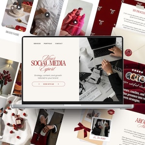 May include: A laptop displays a website with the text "Your Social Media Expert." The website design is in a minimalist style with a cream background and burgundy accents. Surrounding the laptop are various images, including a cup of tea, lipstick, and documents.