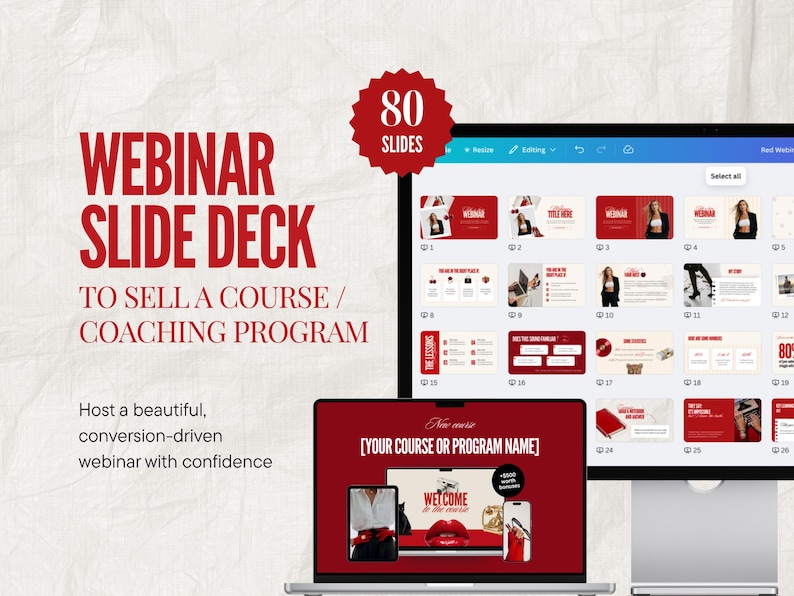 May include: A digital marketing image showcasing a webinar slide deck template. The design features a red and white color scheme with the text "WEBINAR SLIDE DECK" and "80 SLIDES". The image includes laptop screens displaying the webinar slides.