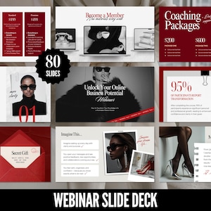Plantilla de presentación de diapositivas de Canva para seminarios web y clases magistrales, coaching, creación de cursos en línea, coaching, presentaciones PPT, PowerPoint, diseño de lujo en rojo.
