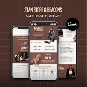Może przedstawiać: Szablon strony sprzedaży wyświetlany na trzech smartfonach. Projekt zawiera tekst "STAN STORE & BEACONS" i "Girl-Boss Academy". Szablon zawiera sekcje z tekstem, obrazami i logo Canva.