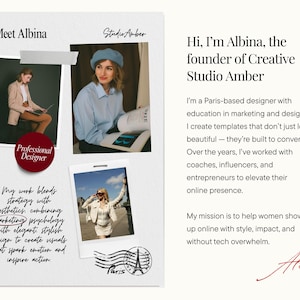 May include: A page from a notebook with the text "Meet Albina" and "Studio Amber." It includes photos of a woman, text about her work, and the text "Professional Designer." The page is held together with metal rings.