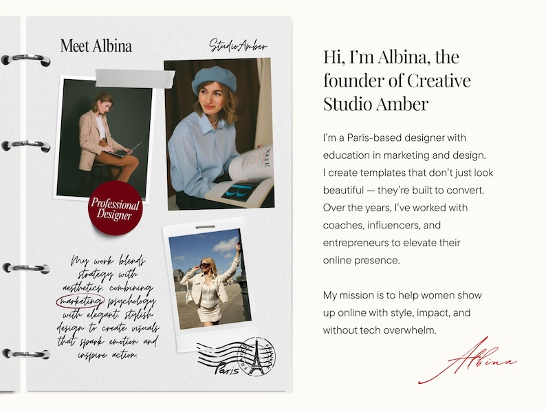 May include: A page from a notebook with the text "Meet Albina" and "Studio Amber." It includes photos of a woman, text about her work, and the text "Professional Designer." The page is held together with metal rings.