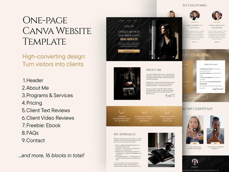 Coach Website Canva Template, Landing Page for Entrepreneurs, Business Coaches, Course Creators, Coaching, Sales Page Design