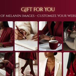 May include: A collage of images featuring a woman in a red blazer, a pen, a notebook, a coffee cup, and a laptop. The text "GIFT FOR YOU" and "SET OF MELANIN IMAGES - CUSTOMIZE YOUR WEBSITE" are displayed in gold and white.