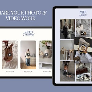 May include: Two tablets displaying a collage of photos and videos. The left tablet shows video content with the text "SHARE YOUR PHOTO & VIDEO WORK" and "VIDEO Content". The right tablet displays a photo grid with the text "MORE Shots".