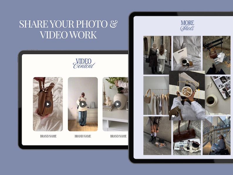 May include: Two tablets displaying a collage of photos and videos. The left tablet shows video content with the text "SHARE YOUR PHOTO & VIDEO WORK" and "VIDEO Content". The right tablet displays a photo grid with the text "MORE Shots".