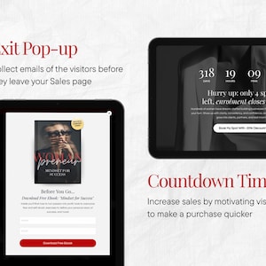 May include: Two digital tablet screens displaying website marketing tools. One screen shows an exit pop-up with an ebook cover titled Womanpreneur Mindset for Success. The other screen shows a countdown timer with the text Hurry up only 4 spots left.