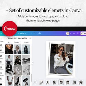 May include: A digital tablet displaying the Canva interface with a red circle logo. The screen shows a photo editing layout with image thumbnails and a featured photo. Text reads: "+ Set of customizable elements in Canva."