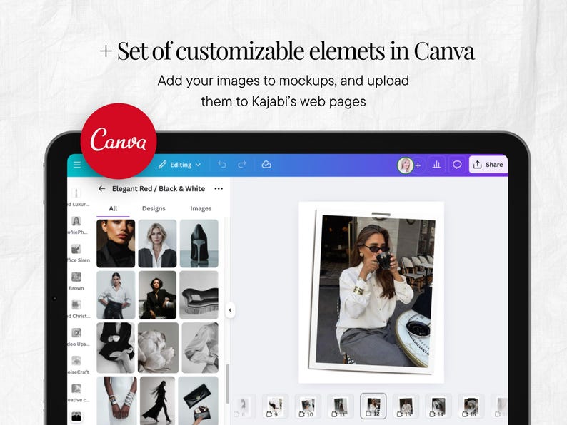 May include: A digital tablet displaying the Canva interface with a red circle logo. The screen shows a photo editing layout with image thumbnails and a featured photo. Text reads: "+ Set of customizable elements in Canva."