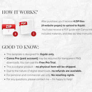 May include: Image with text: "HOW IT WORKS?" and "GOOD TO KNOW:". It shows a ZIP file icon and a PDF file icon. The text explains the digital product, including 4 ZIP files, a PDF guide, and details about Kajabi and Canva Pro.