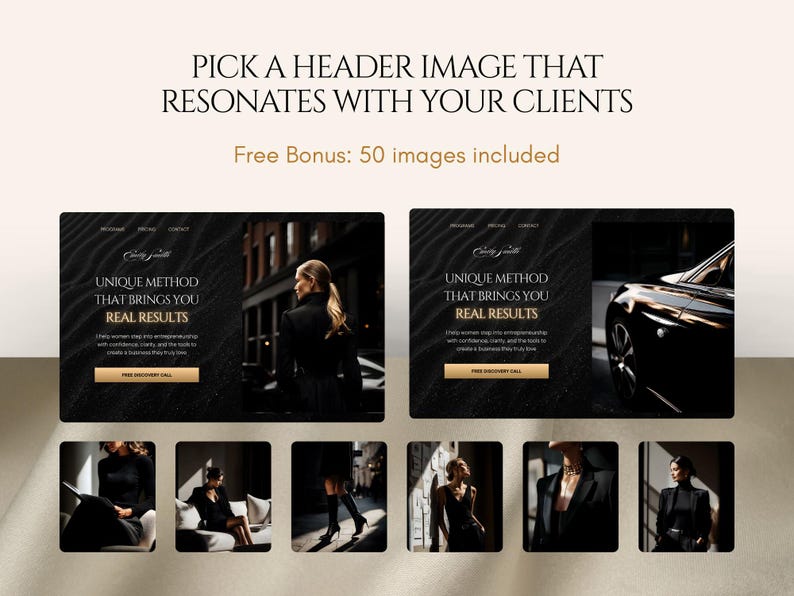 May include: An image promoting header images, with the text "PICK A HEADER IMAGE THAT RESONATES WITH YOUR CLIENTS" and "Free Bonus: 50 images included." It shows website mockups and lifestyle photos of a woman in a black outfit.