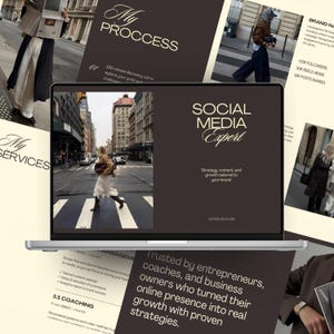 Puede incluir: Un portátil muestra una presentación sobre experiencia en redes sociales. La pantalla muestra las palabras "SOCIAL MEDIA Expert" con el lema "Estrategia, contenido y crecimiento adaptados a tu marca". Se ven imágenes y texto adicionales.